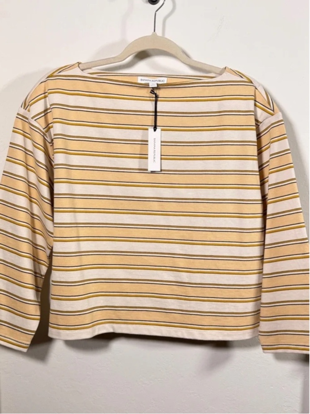Banana Republic Relaxed Boatneck Top Yellow Cream stripe Cotton M Petite NWT